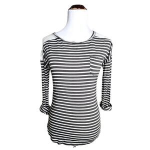 Paper + tee Stripe Roll Sleeve Sheer Lace Back Stretch Top Size Small Green